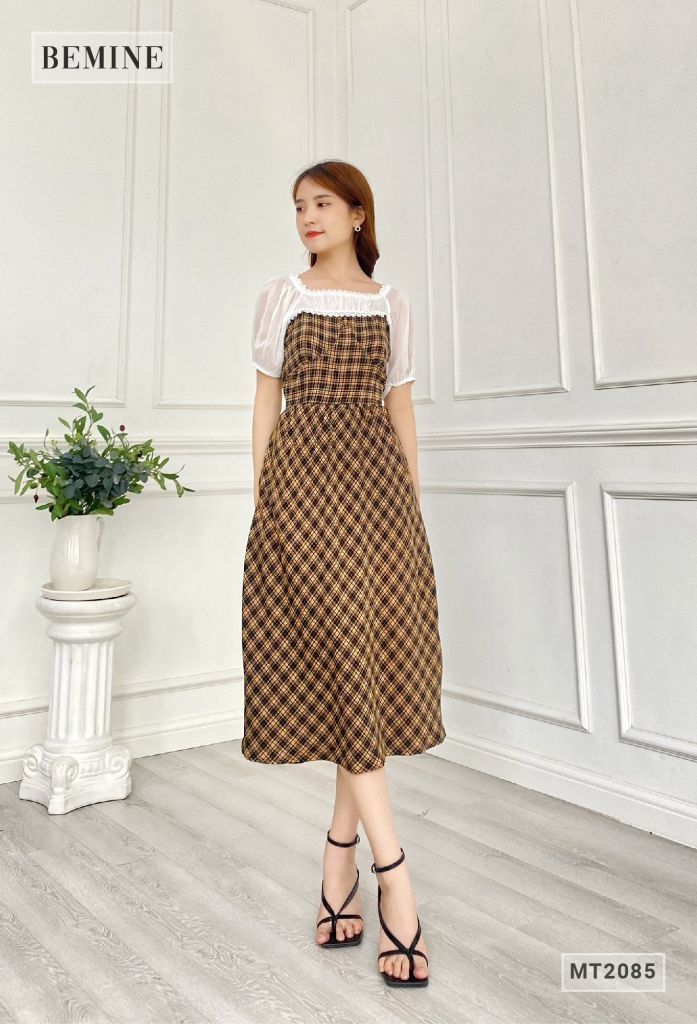 MT2085ĐEN - Đầm caro cúp ngực phối voan