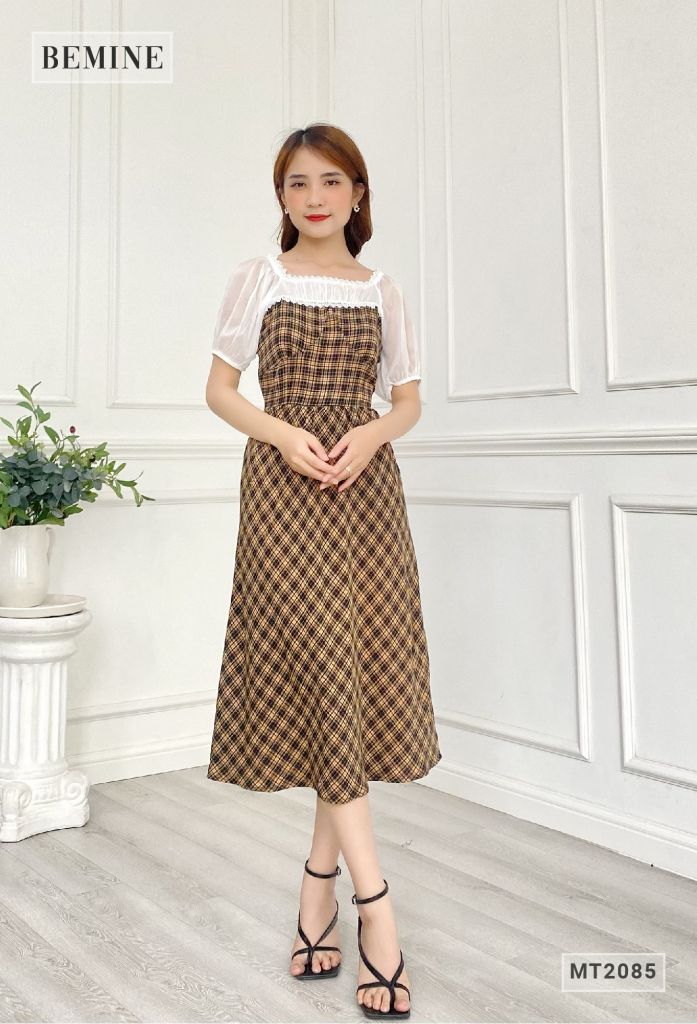 MT2085ĐEN - Đầm caro cúp ngực phối voan