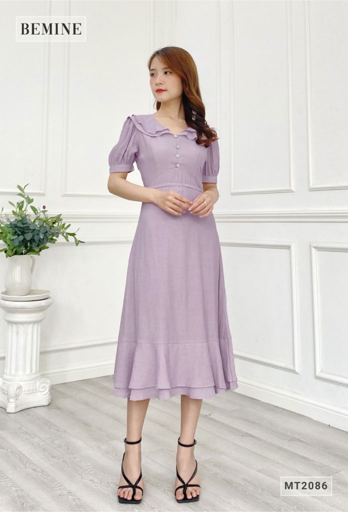 MT2086HONG - Đầm nữ cổ xếp tầng tùng bèo