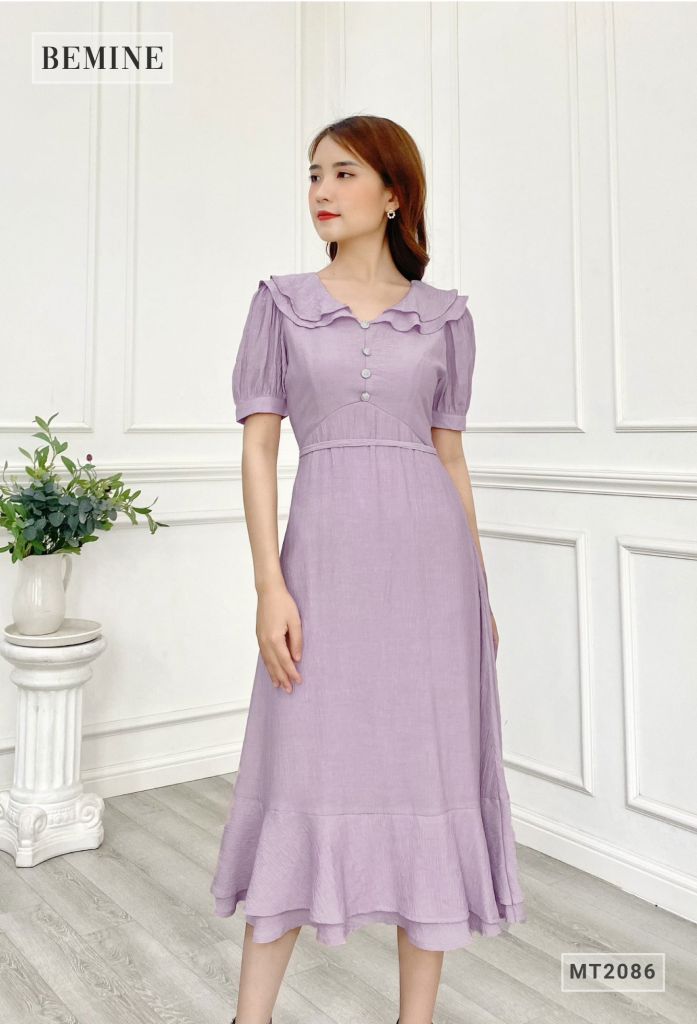 MT2086HONG - Đầm nữ cổ xếp tầng tùng bèo