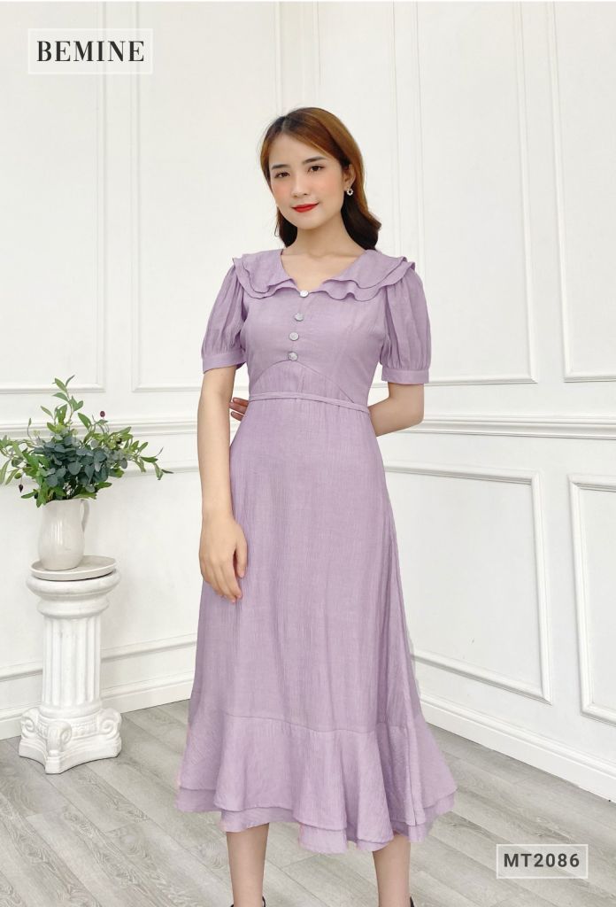 MT2086HONG - Đầm nữ cổ xếp tầng tùng bèo