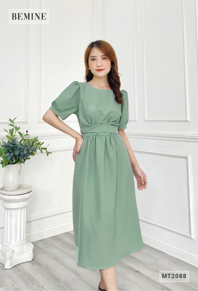 MT2088XANH - Đầm tay phồng eo đắp chéo dáng dài