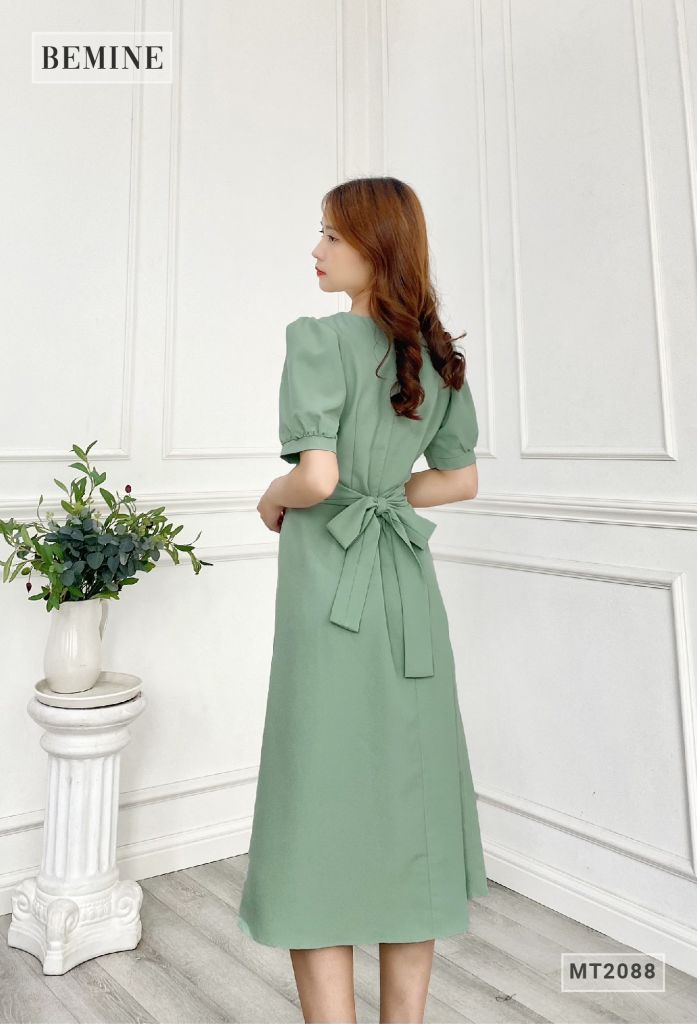 MT2088XANH - Đầm tay phồng eo đắp chéo dáng dài