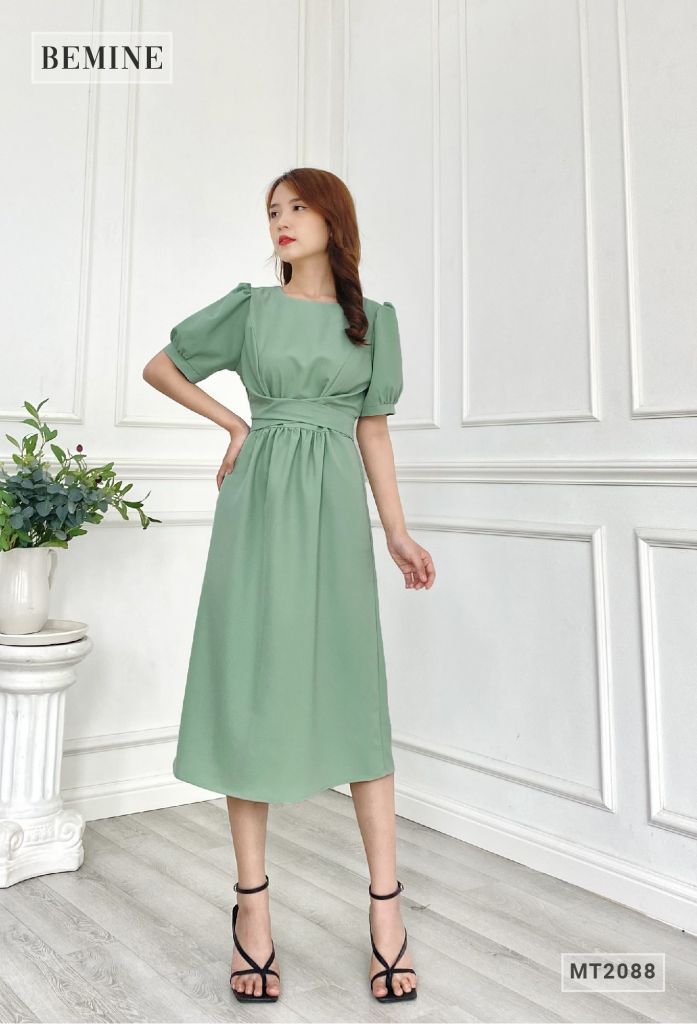 MT2088XANH - Đầm tay phồng eo đắp chéo dáng dài