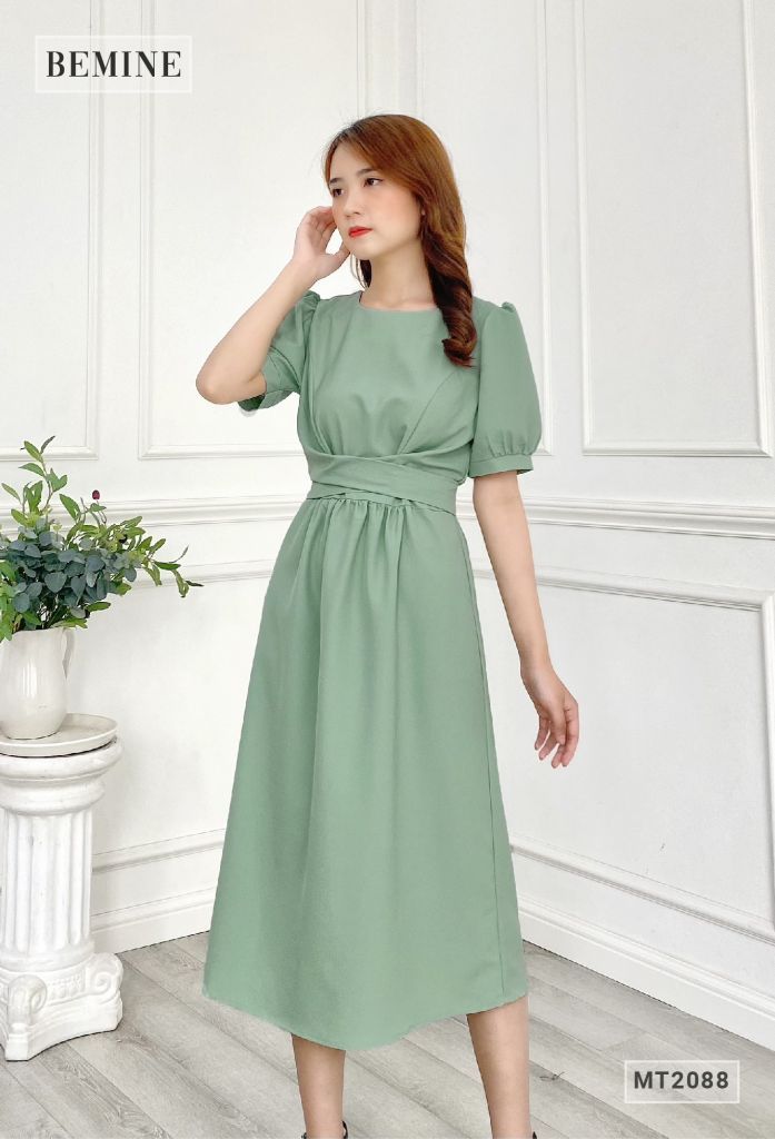MT2088XANH - Đầm tay phồng eo đắp chéo dáng dài