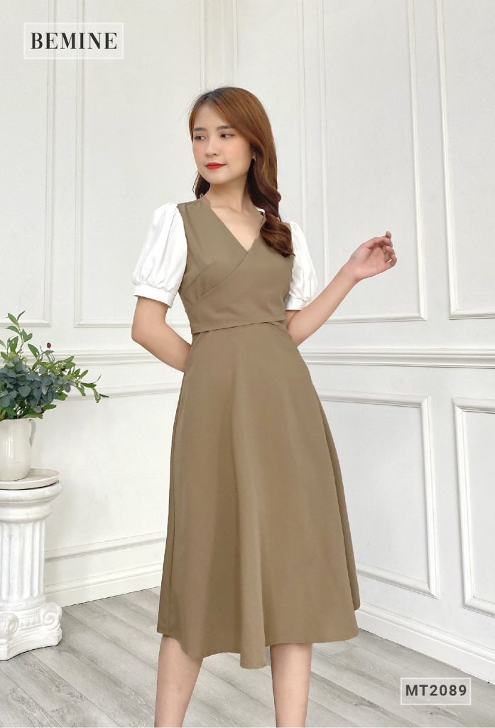MT2089NAU - Đầm nữ cổ đắp chéo tay phối voan