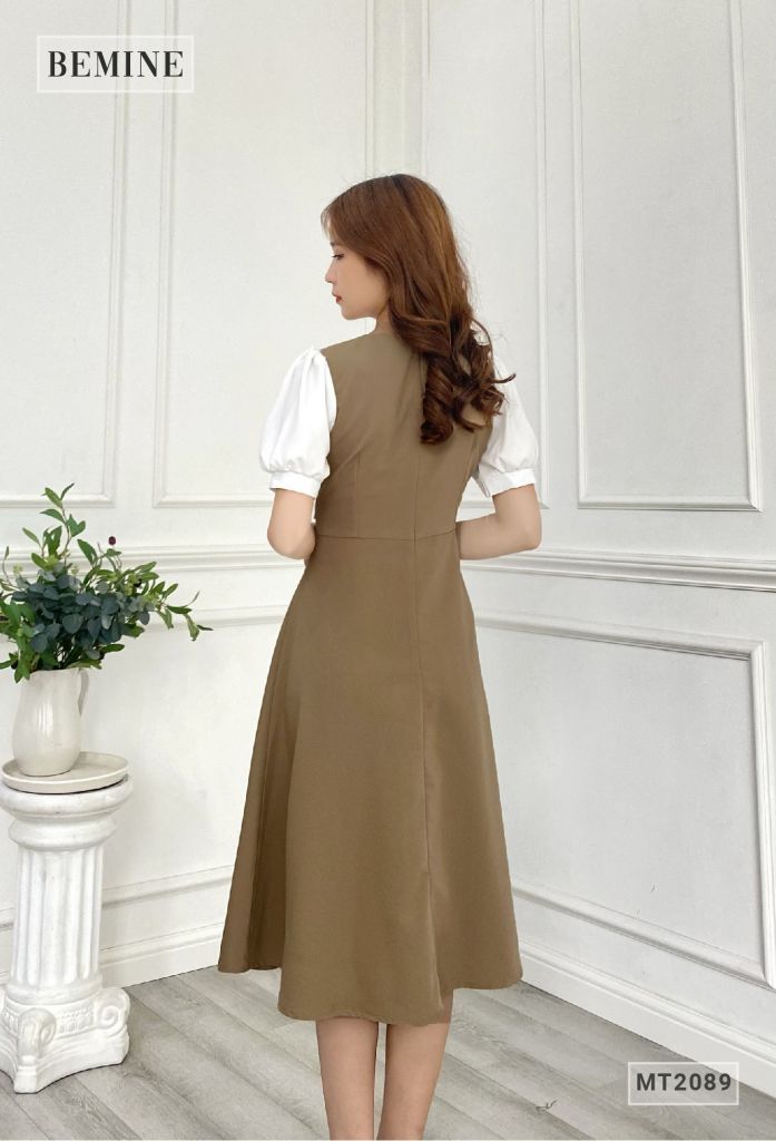 MT2089NAU - Đầm nữ cổ đắp chéo tay phối voan