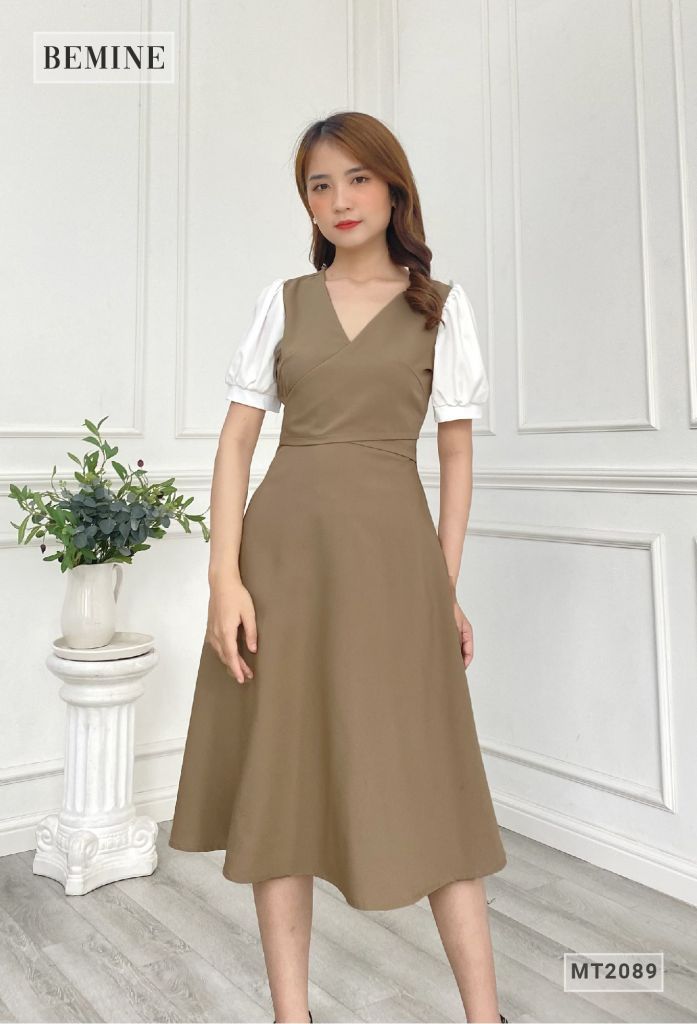 MT2089NAU - Đầm nữ cổ đắp chéo tay phối voan