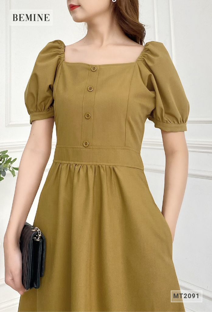 MT2091VANG - Đầm cổ vuông tay chun phồng đính nút ngực