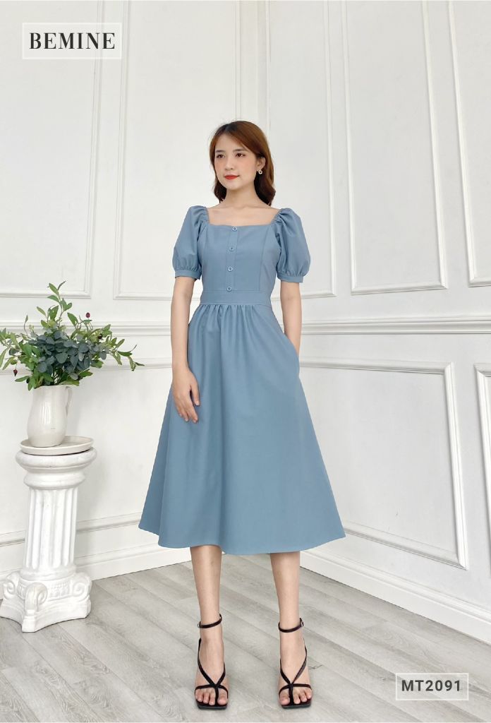 MT2091XANH - Đầm cổ vuông tay chun phồng đính nút ngực
