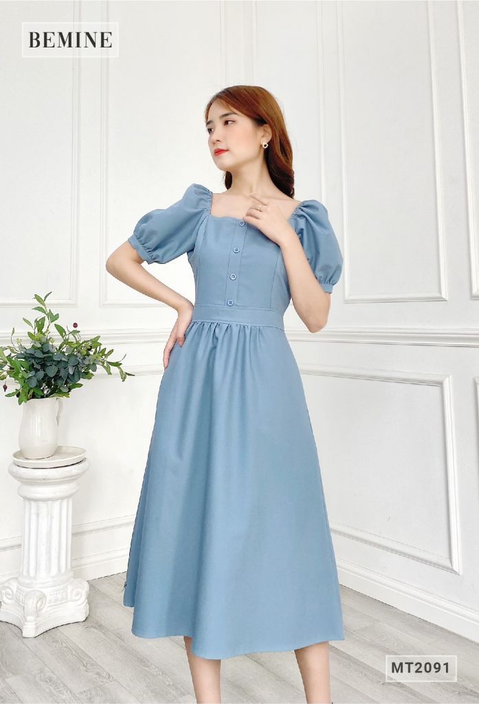 MT2091XANH - Đầm cổ vuông tay chun phồng đính nút ngực