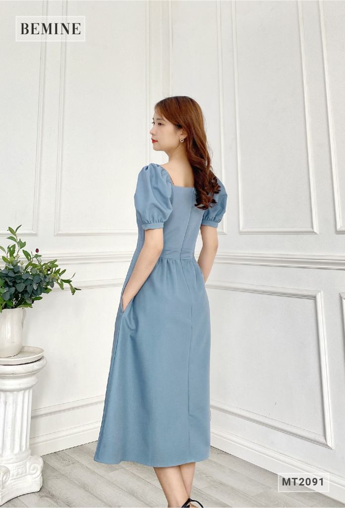MT2091XANH - Đầm cổ vuông tay chun phồng đính nút ngực