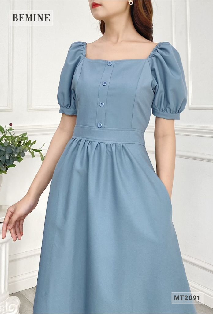 MT2091XANH - Đầm cổ vuông tay chun phồng đính nút ngực