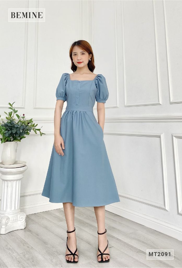 MT2091XANH - Đầm cổ vuông tay chun phồng đính nút ngực