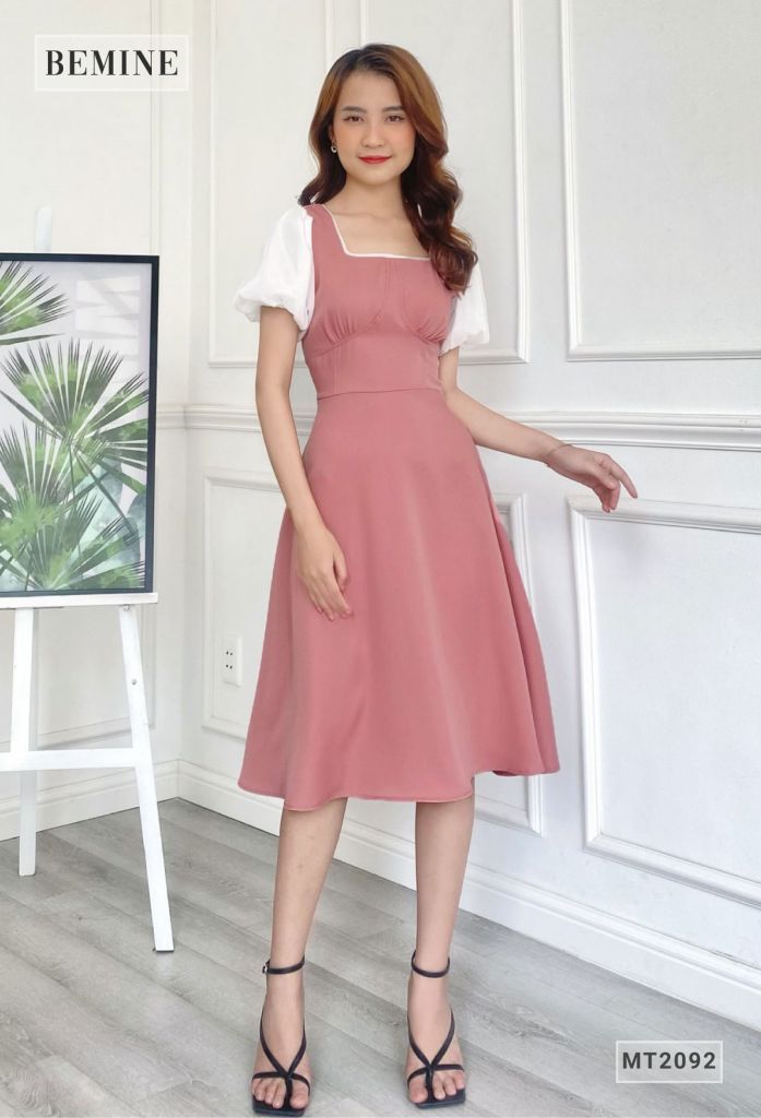 MT2092HONG - Đầm cổ vuông tay phối voan nhún ngực