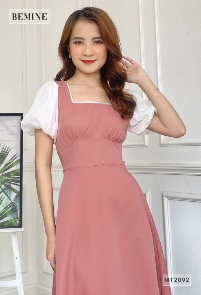 MT2092HONG - Đầm cổ vuông tay phối voan nhún ngực