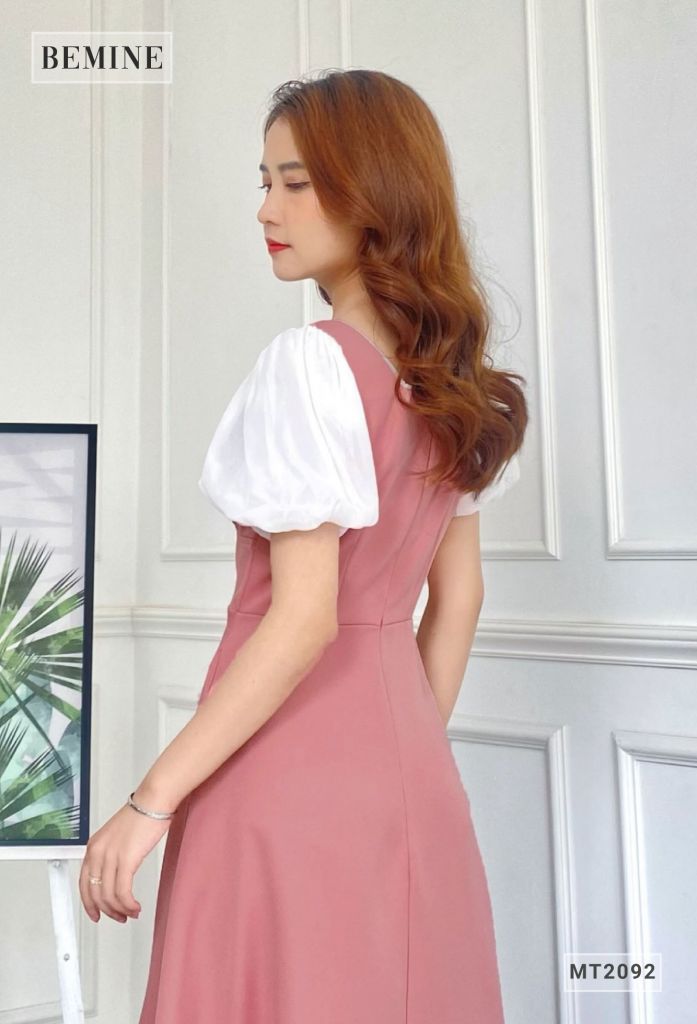 MT2092HONG - Đầm cổ vuông tay phối voan nhún ngực