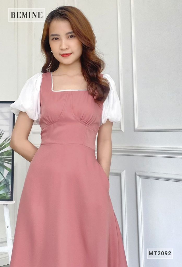 MT2092HONG - Đầm cổ vuông tay phối voan nhún ngực
