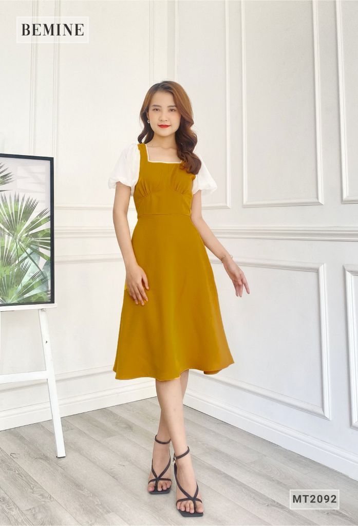 MT2092VANG - Đầm cổ vuông tay phối voan nhún ngực