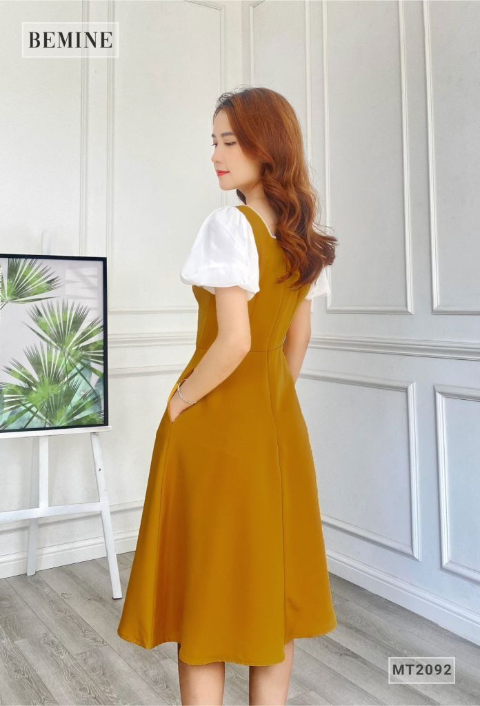 MT2092VANG - Đầm cổ vuông tay phối voan nhún ngực