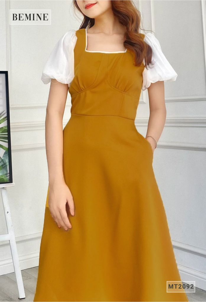 MT2092VANG - Đầm cổ vuông tay phối voan nhún ngực