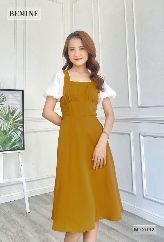 MT2092VANG - Đầm cổ vuông tay phối voan nhún ngực