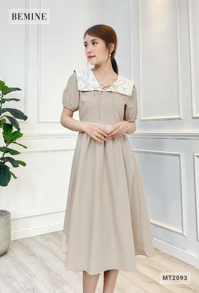 MT2093TRANG - Đầm cổ hoa cột nơ nhún eo