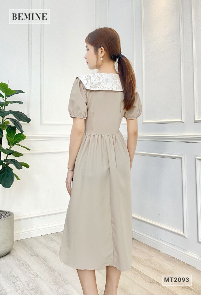MT2093TRANG - Đầm cổ hoa cột nơ nhún eo