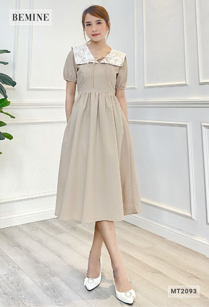 MT2093TRANG - Đầm cổ hoa cột nơ nhún eo
