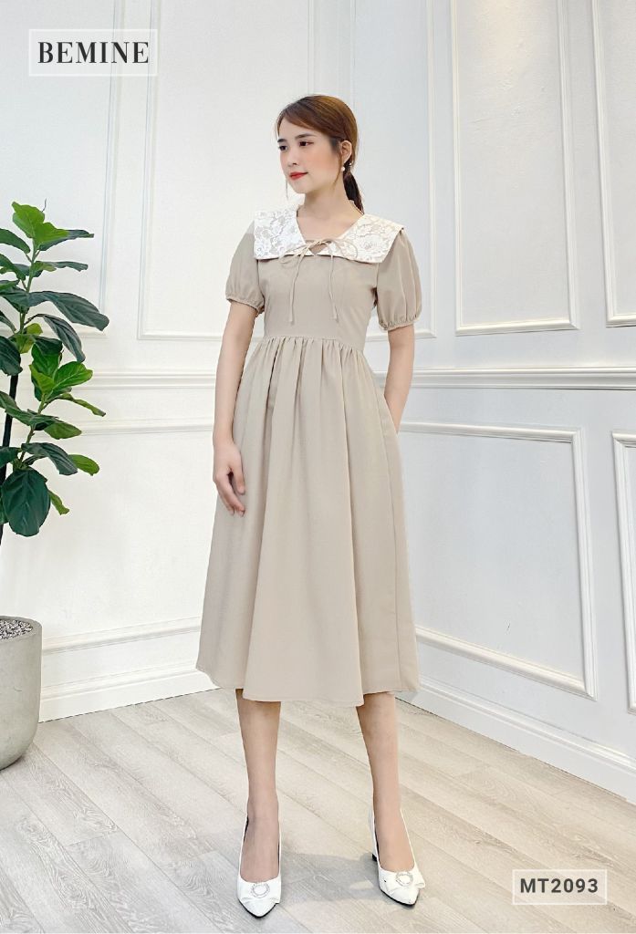 MT2093TRANG - Đầm cổ hoa cột nơ nhún eo