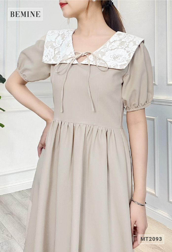 MT2093TRANG - Đầm cổ hoa cột nơ nhún eo