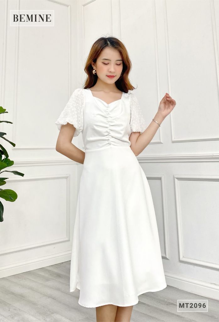 MT2096TRANG - Đầm cổ vuông phối voan bi đính châu