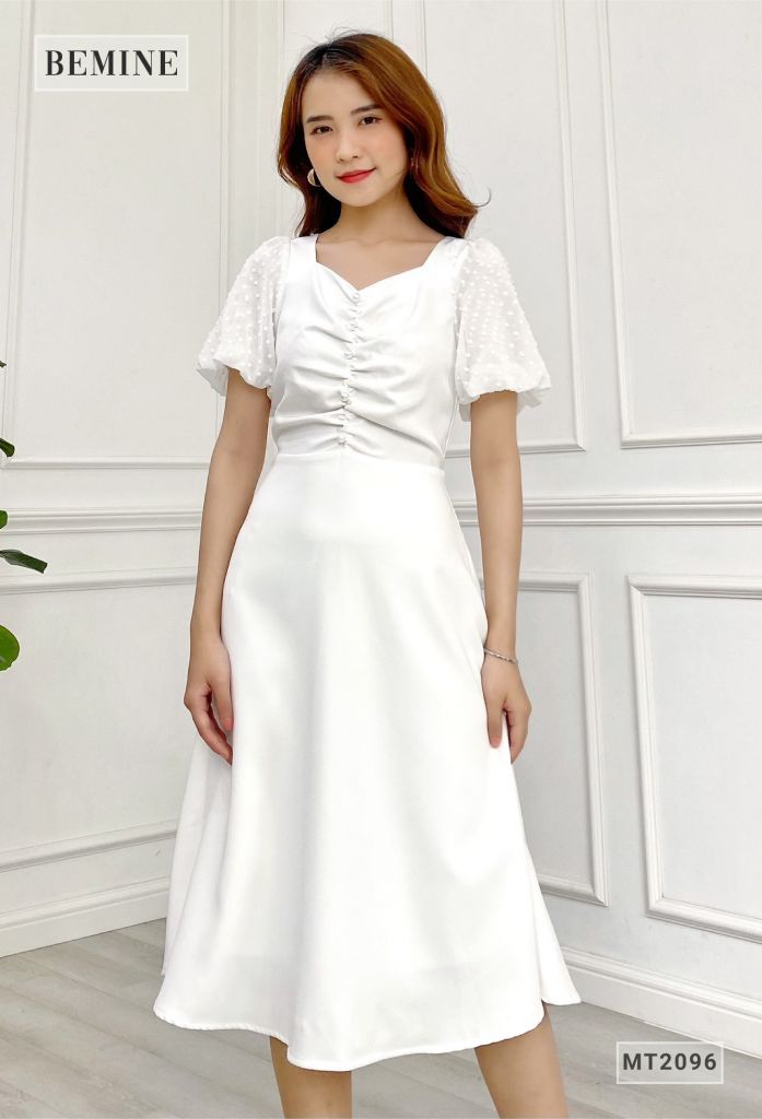 MT2096TRANG - Đầm cổ vuông phối voan bi đính châu