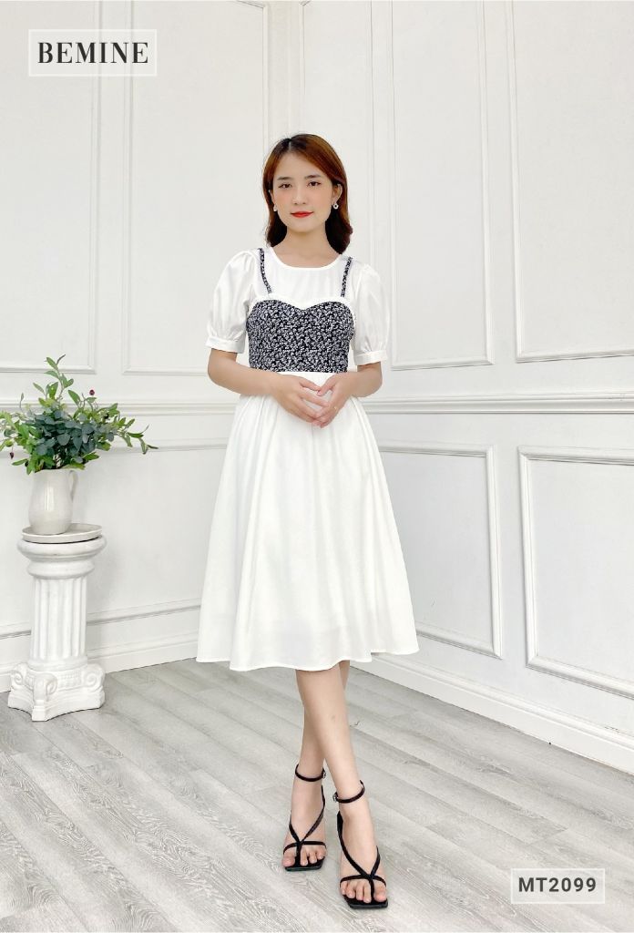 MT2099TRANG - Đầm xoè tay lửng phối hoa
