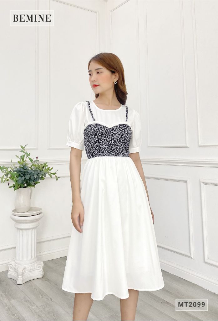 MT2099TRANG - Đầm xoè tay lửng phối hoa