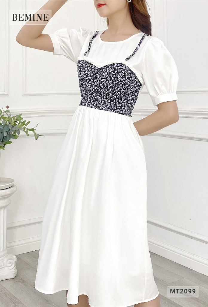 MT2099TRANG - Đầm xoè tay lửng phối hoa