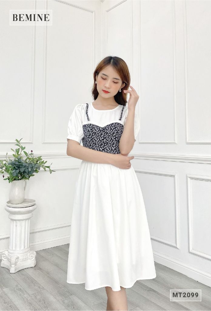 MT2099TRANG - Đầm xoè tay lửng phối hoa