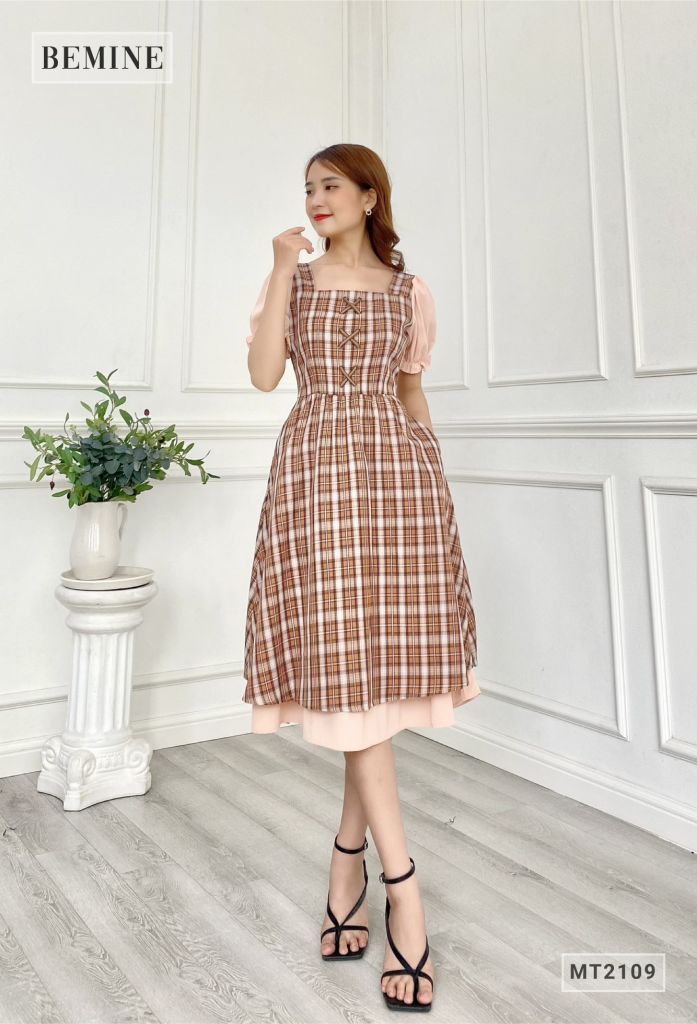 MT2109CAM - Đầm caro thắt nơ ngực phối tay