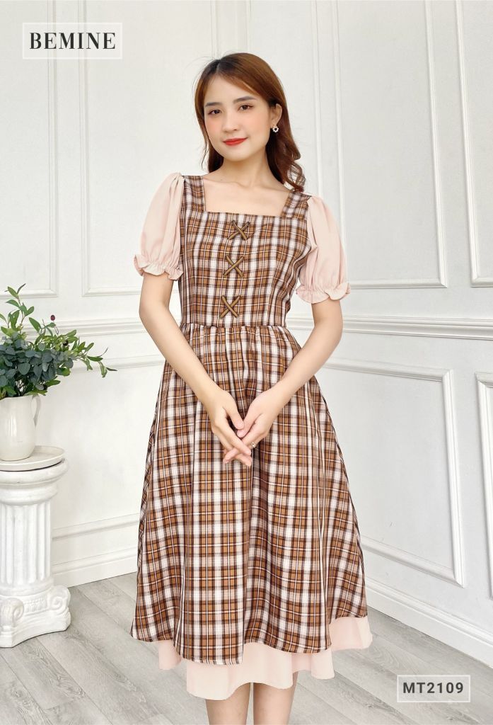 MT2109CAM - Đầm caro thắt nơ ngực phối tay