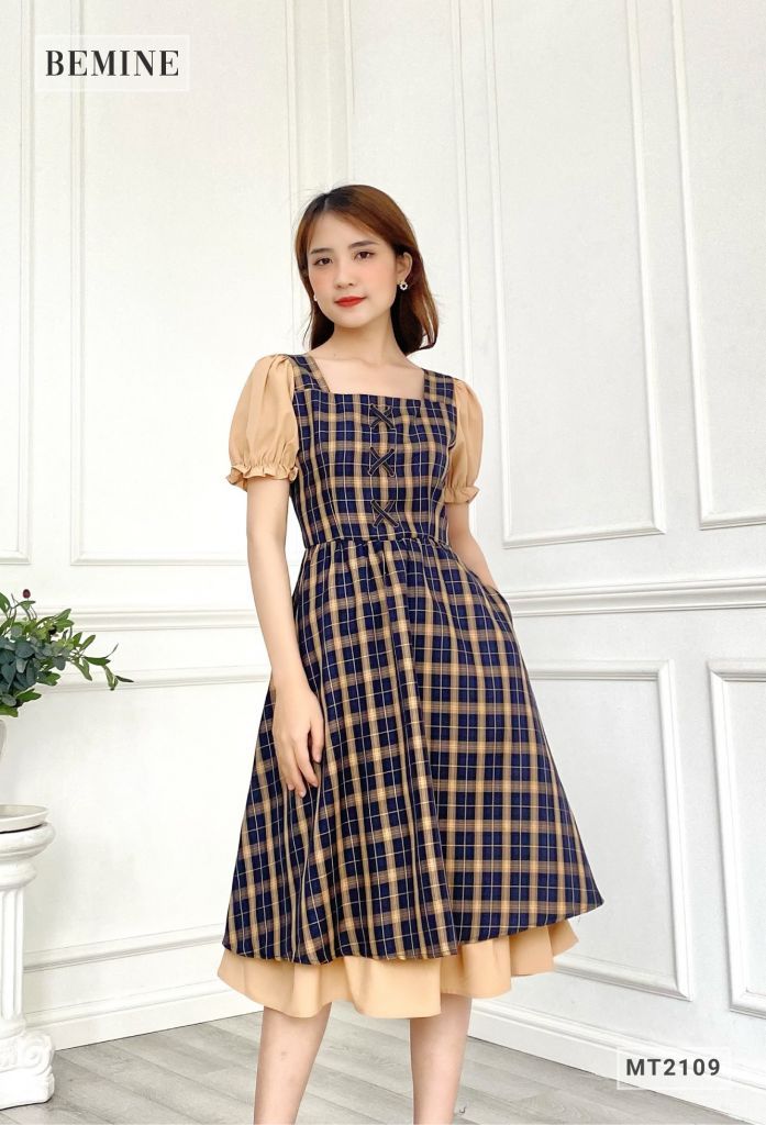 MT2109XANHĐEN - Đầm caro thắt nơ ngực phối ta