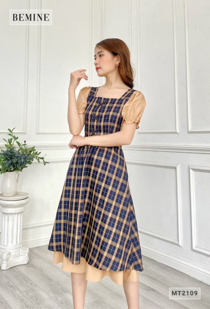 MT2109XANHĐEN - Đầm caro thắt nơ ngực phối ta