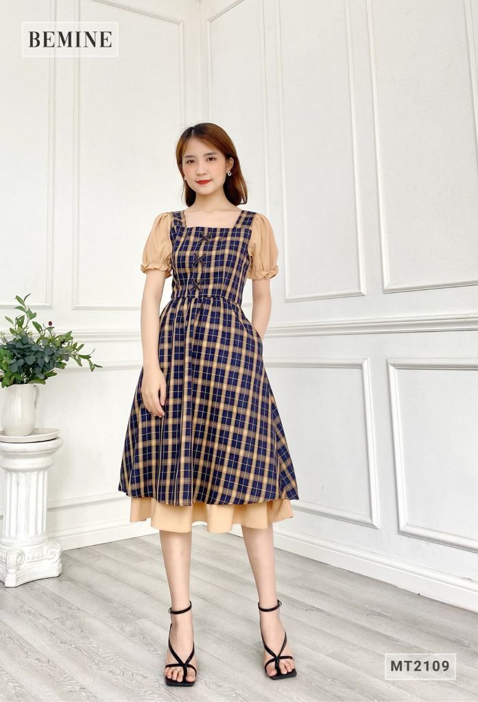 MT2109XANHĐEN - Đầm caro thắt nơ ngực phối ta