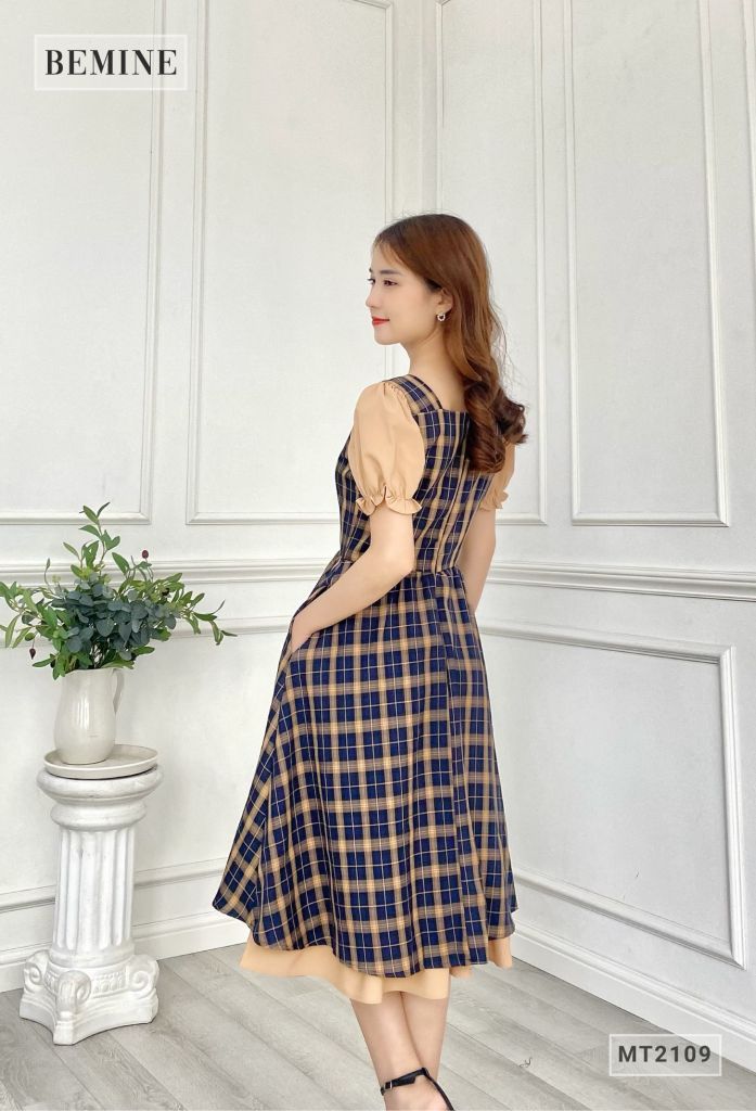 MT2109XANHĐEN - Đầm caro thắt nơ ngực phối ta