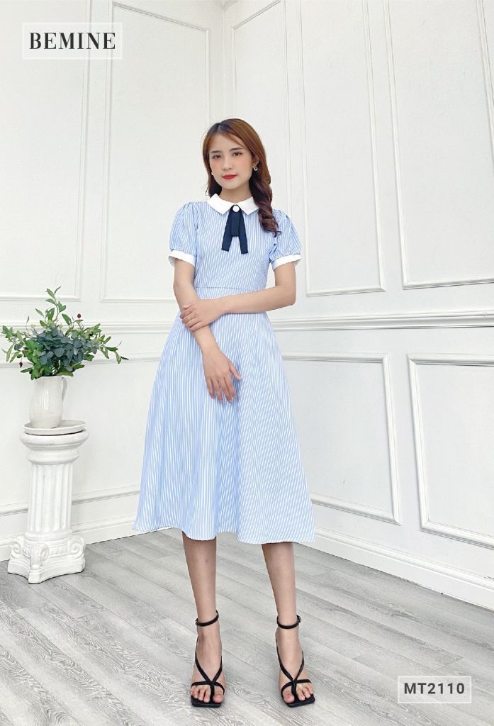 MT2110XANH - Đầm sơ mi sọc tay lửng