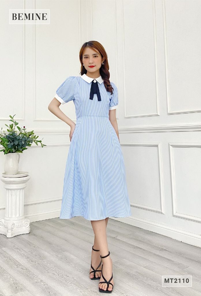 MT2110XANH - Đầm sơ mi sọc tay lửng