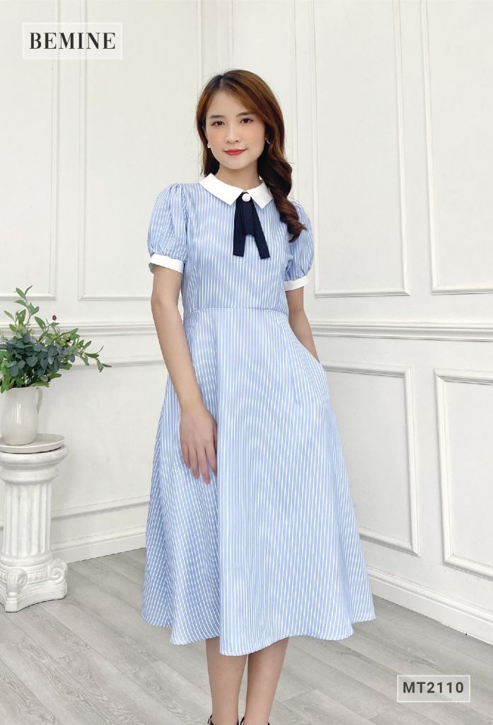 MT2110XANH - Đầm sơ mi sọc tay lửng