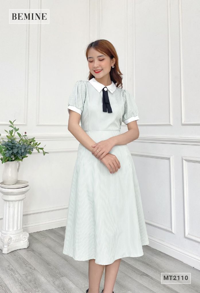MT2110XANHDAU - Đầm sơ mi sọc tay lửng