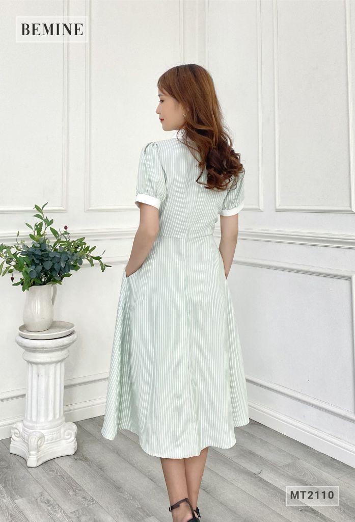 MT2110XANHDAU - Đầm sơ mi sọc tay lửng