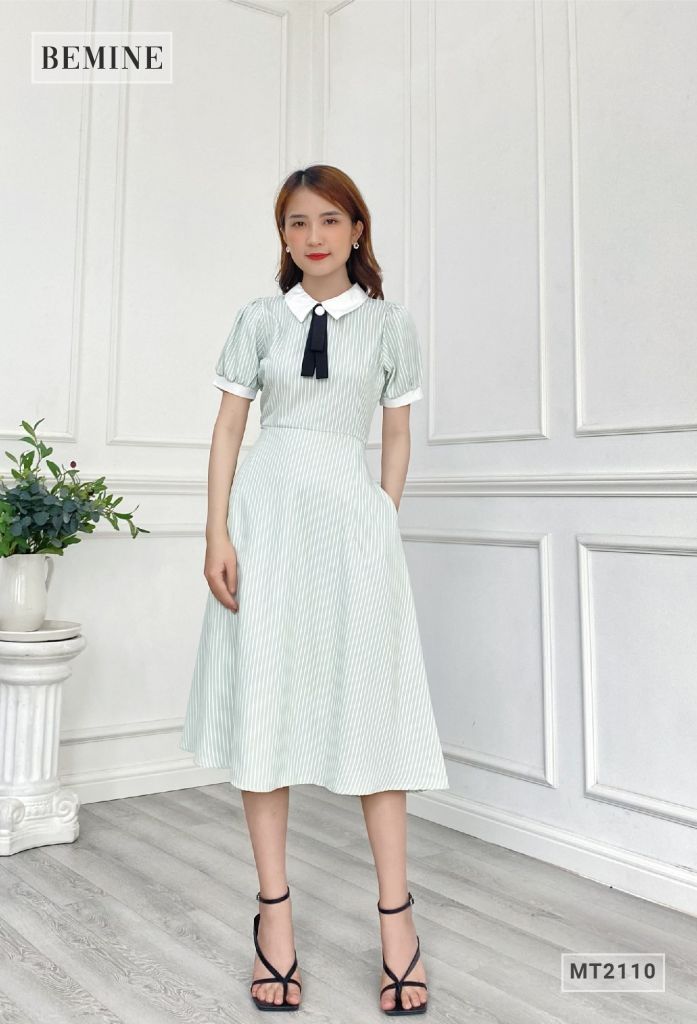 MT2110XANHDAU - Đầm sơ mi sọc tay lửng