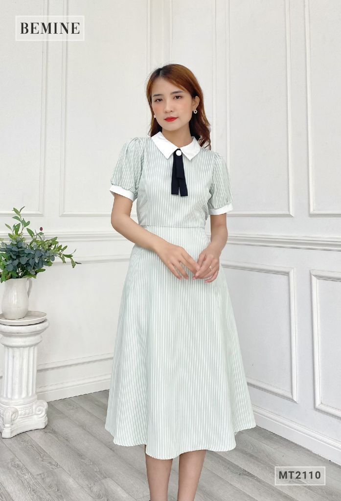 MT2110XANHDAU - Đầm sơ mi sọc tay lửng
